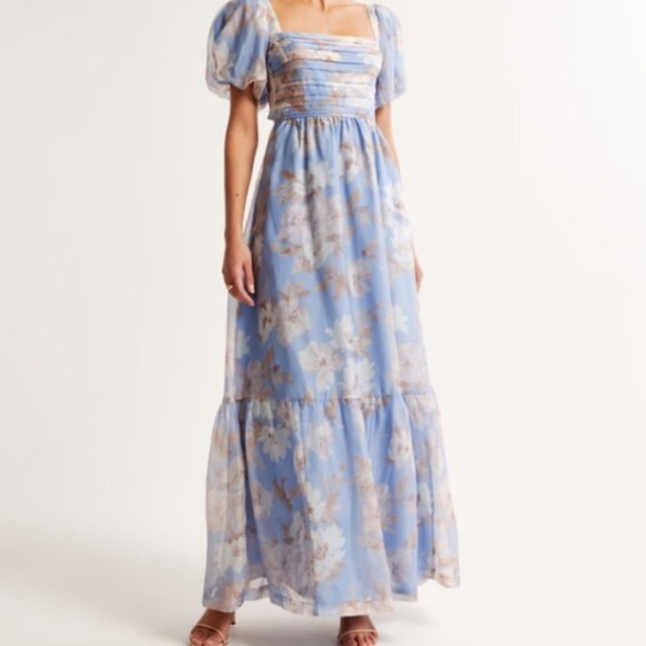 A&F Emerson Drama floral Bow-Back puff sleeve organza tiered Maxi Dress - Picture 1 of 5
